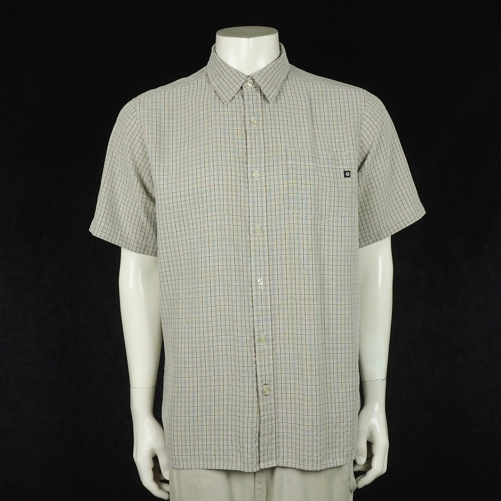 Marmot Button Down Shirt Mens Large Beige Plaid Nylon Blend Camp Hiking Tech